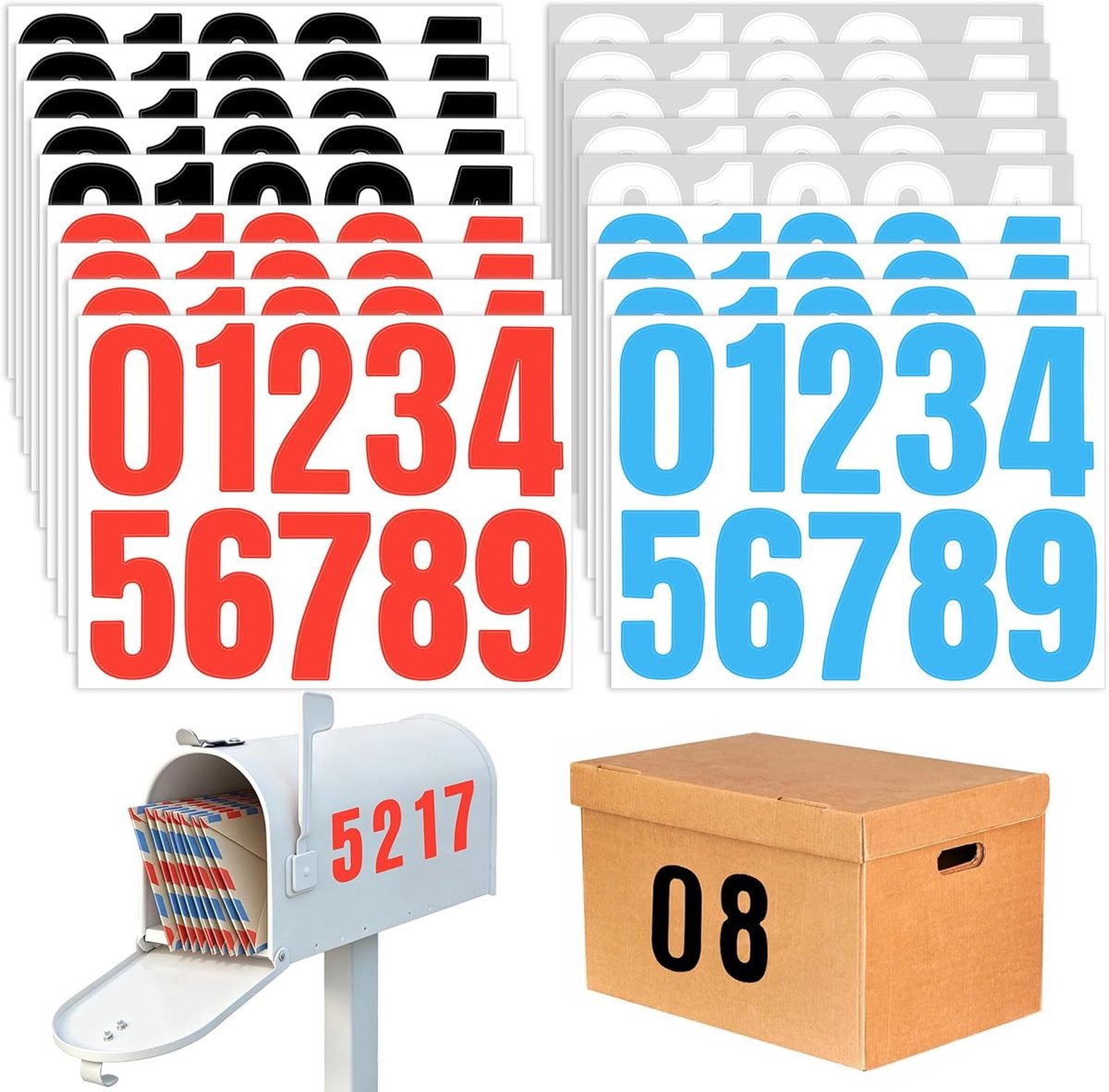 18 vellen cijferstickers 0-9, 10 cm, meerkleurig, zelfklevende cijfers, weerbestendig, waterdicht, vinyl nummerstickers, zelfklevend voor brievenbus, huisnummer, brievenbus, borden en vuilnisbak