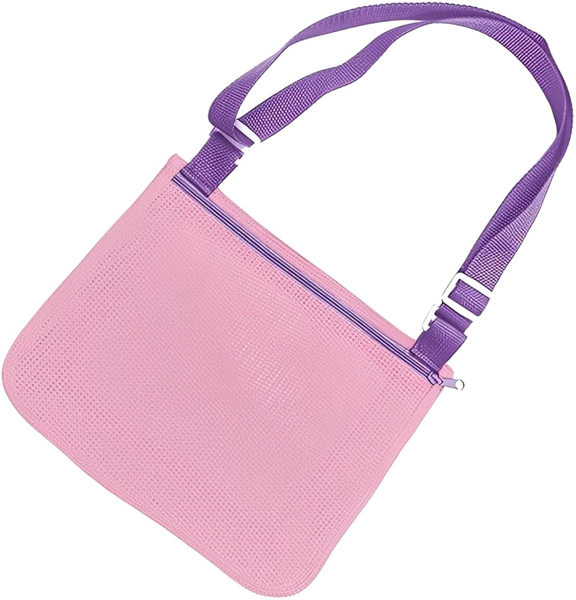 Strandtas van mesh, opvouwbaar, voor kinderen, draagbaar, herbruikbaar, tas met ritssluiting voor het verzamelen van schelpen, speelgoed voor zwembad, reizen (roze en paars)