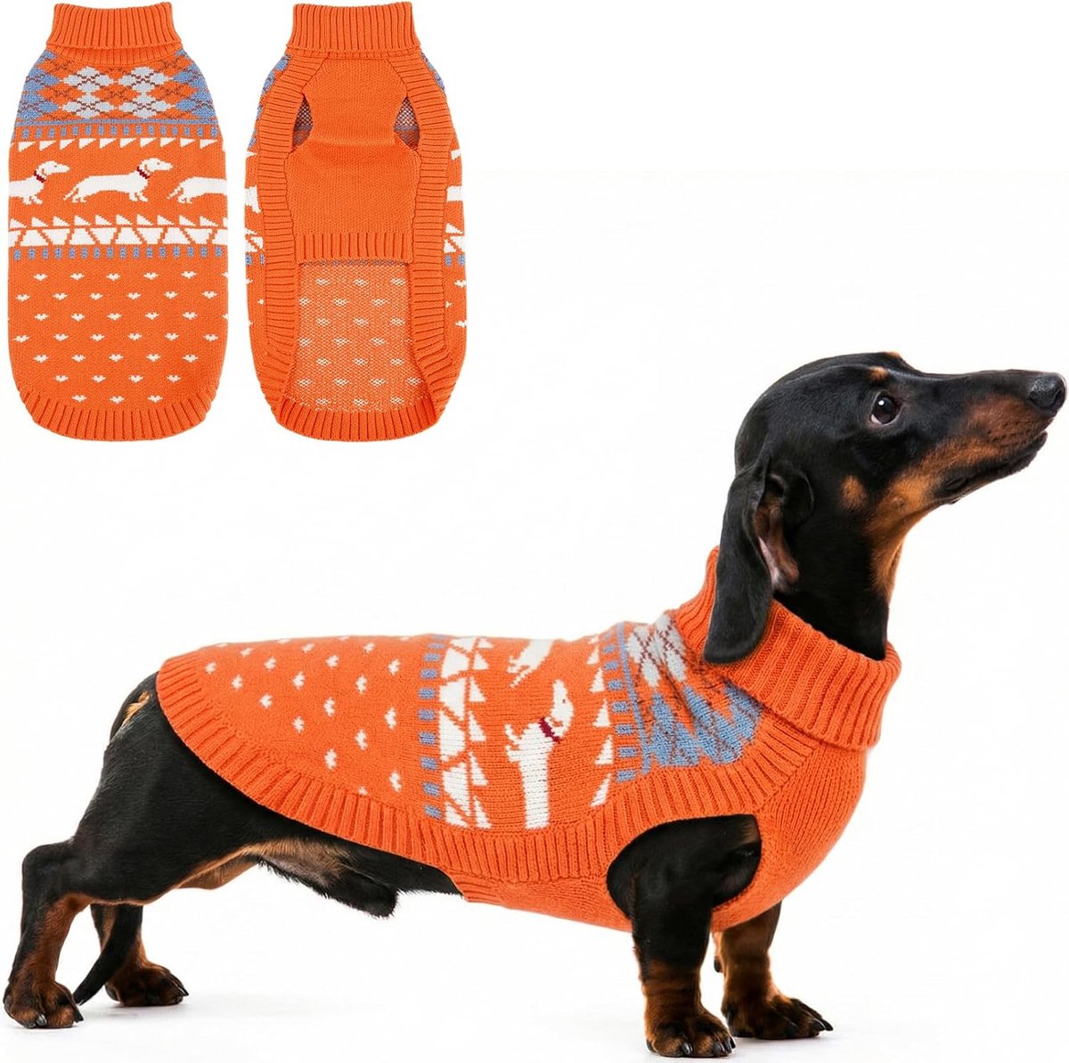 Hondentrui voor teckel, warme winterkleding, zachte gebreide hondentrui, winterhondenvest, ademende sweater voor honden met rolkraag, rekbare hondentrui, oranje, L