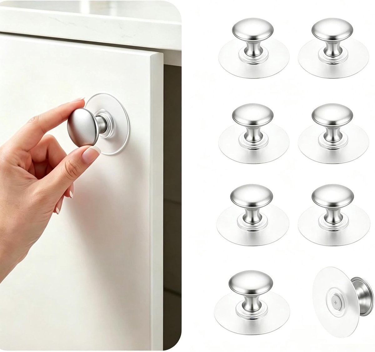 Set van 8 zilverkleurige kastgrepen, verschillende vormen, transparante sokkel, meubelknoppen, praktische kastknoppen, deurgreep plakken, geschikt voor kledingkasten en laden