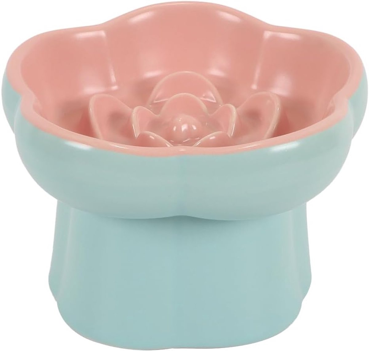 Voerbak voor katten met langzame toevoer, keramische verhoogde voerbak van glas met titel, schattige kattenbak in bloemvorm voor droog- en natvoer, roze blauw