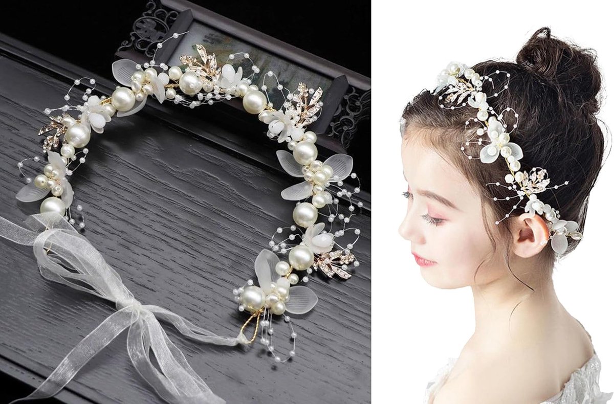 Haarsieraad dames tiara, bloemen parels hoofdband met verstelbare band bloemenkroon handgemaakte parelrank voor bruidsmeisjes bruiden vrouwen bruiloft verjaardagsfeest (wit)