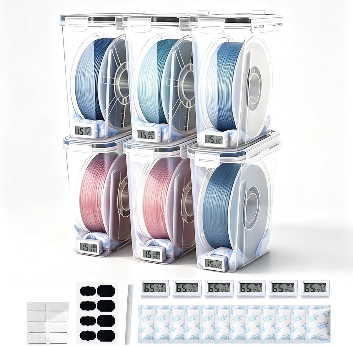 Luchtdichte filamentopslag met thermo-hygrometer | Luchtdichte filamentdoos voor 3D-printen. Ideale filamentopslag met siliconen afdichting. Stofdicht incl. droogmiddel.