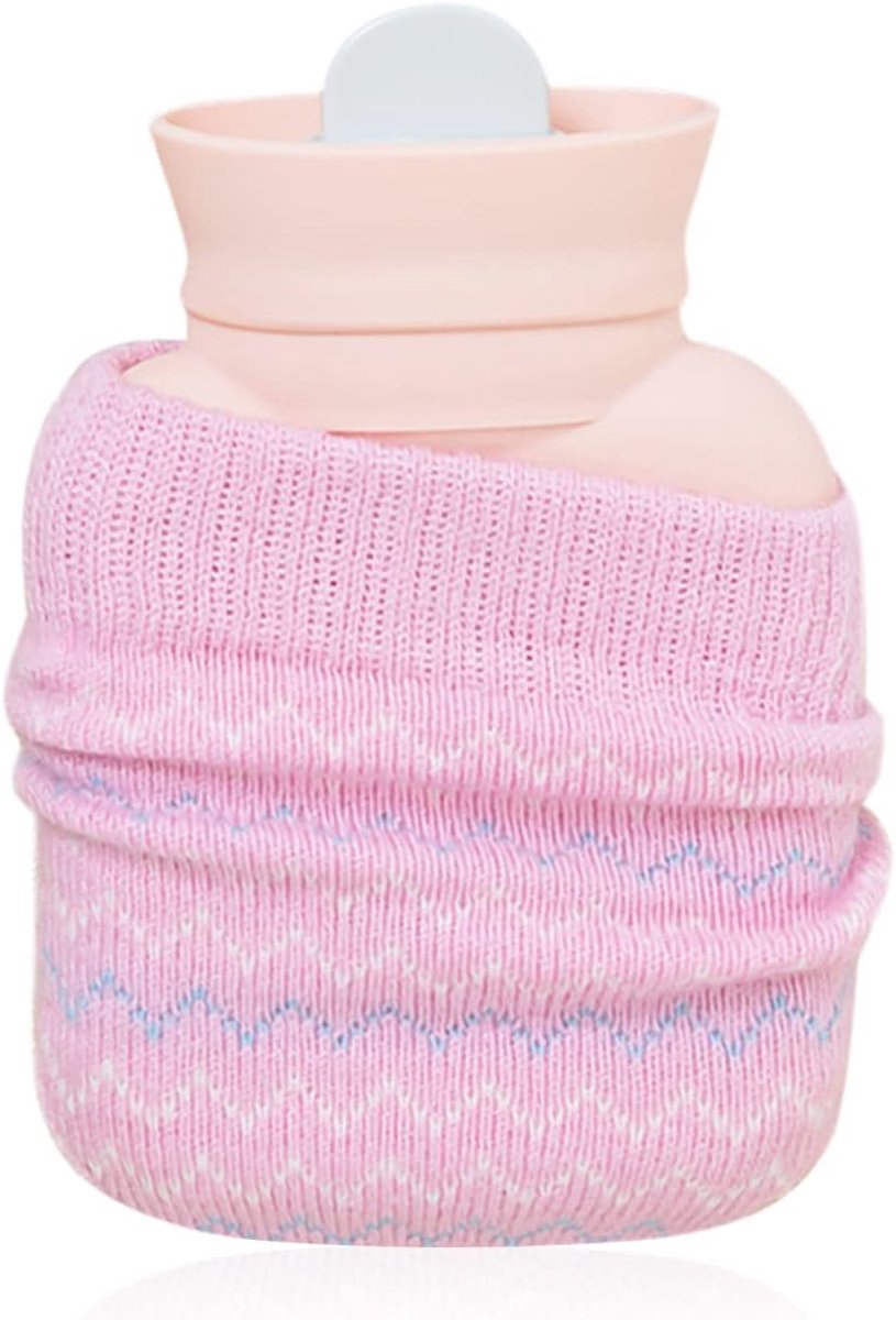 1 x 320 ml roze siliconen warmwaterkruik met gebreide mouwen, moderne stijl, explosiebestendig en anti-verbrandend, pijnverlichting en gemakkelijk te gebruiken