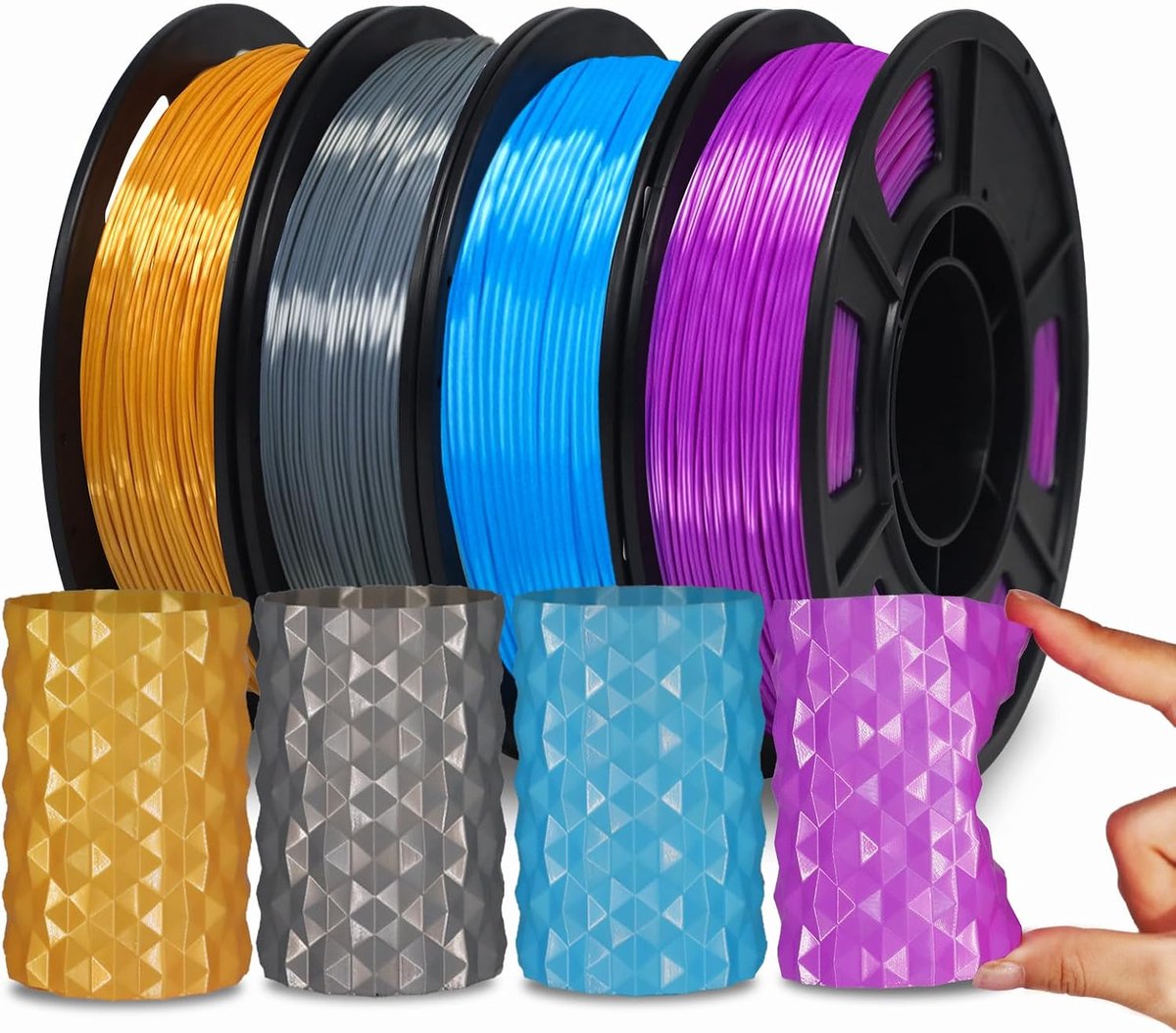 Zijde TPU Filament 1,75 mm, 95A TPU 3D Printing Flexibel Filament, Hoge Hardheid Veerkracht, Zacht Zelfklevend Materiaal, Elastisch, 1 kg / 2.2lbs, Zijde TPU Goud, Donkergrijs, Blauw, Paars