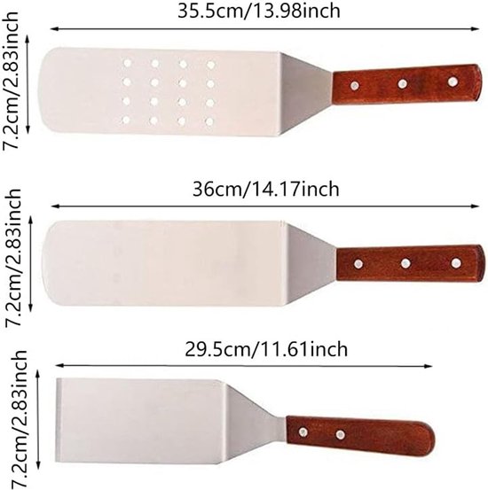 Spatelset, 3 stuks, roestvrij staal, metaal, anti-roest, houten handvat, voor barbecue, keuken, buiten, koken, teppanyaki, 3 stuks — afbeelding 2