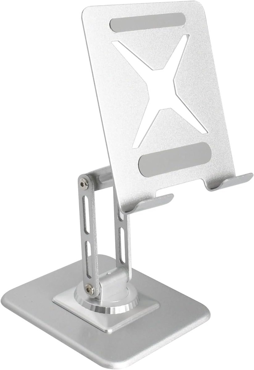 Tablethouder, 360 graden draaibaar, flexibel en opvouwbaar, geventileerd van koolstofstaal en antislip, compatibel met iPad en apparaten van 4,7 - 13 inch (zilver)