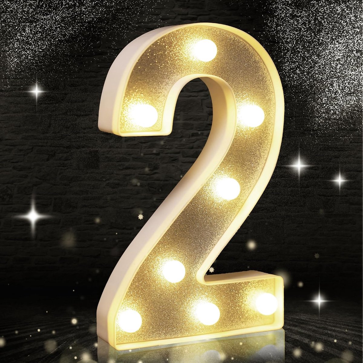 2 Led-licht, zilveren glitter LED-licht, glitter nummerverlichting, geschikt voor verjaardagsdecoratie, babyshower, bruiloft achtergrond woondecoratie, 20,5 cm zilver, nummer 2 (warm wit)