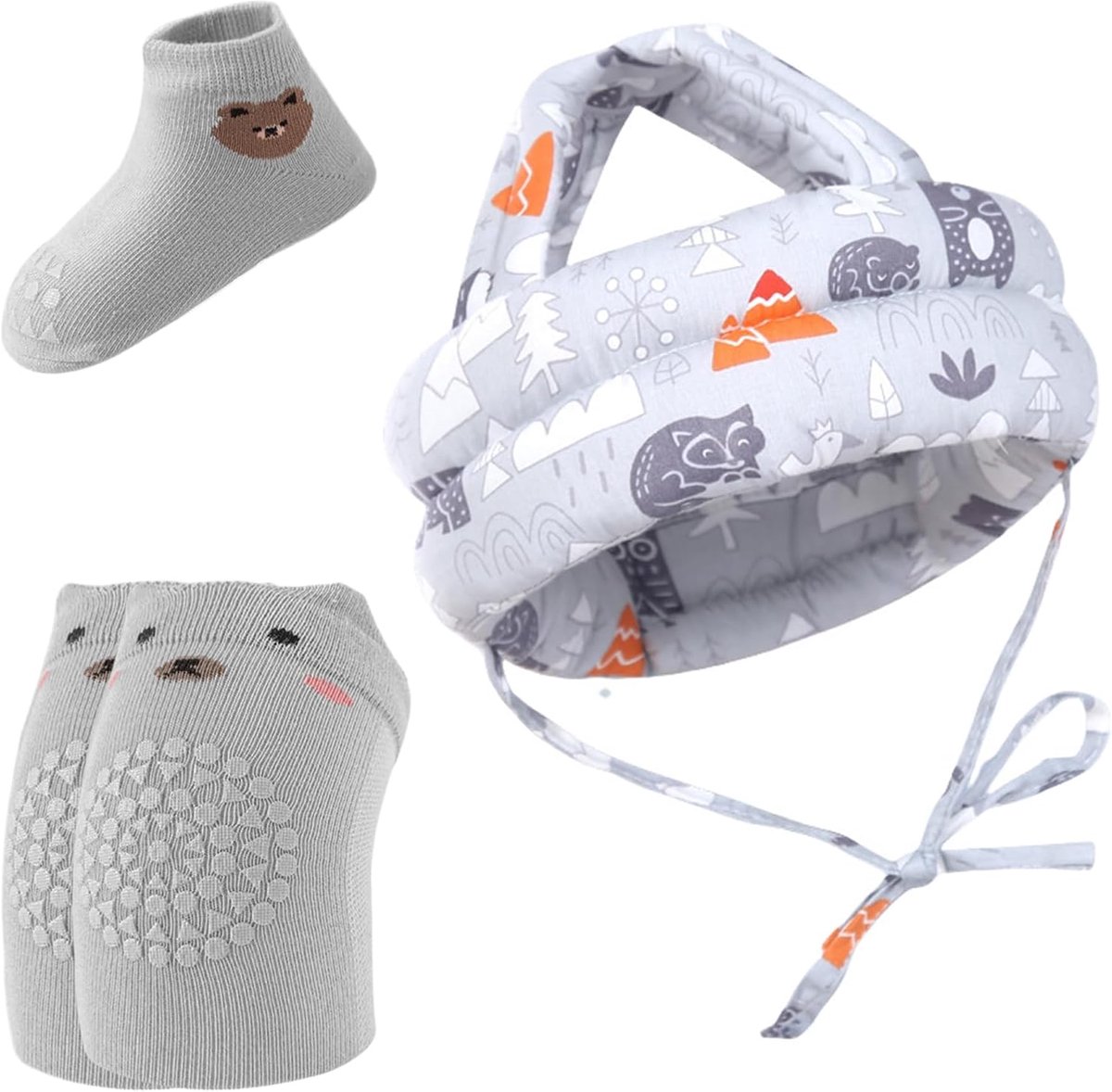 Babyhelm met kniebeschermers en antislipsokken, anti-botsing, verstelbaar, pet bescherming, voor kinderen, jongens, meisjes, leren lopen en lopen