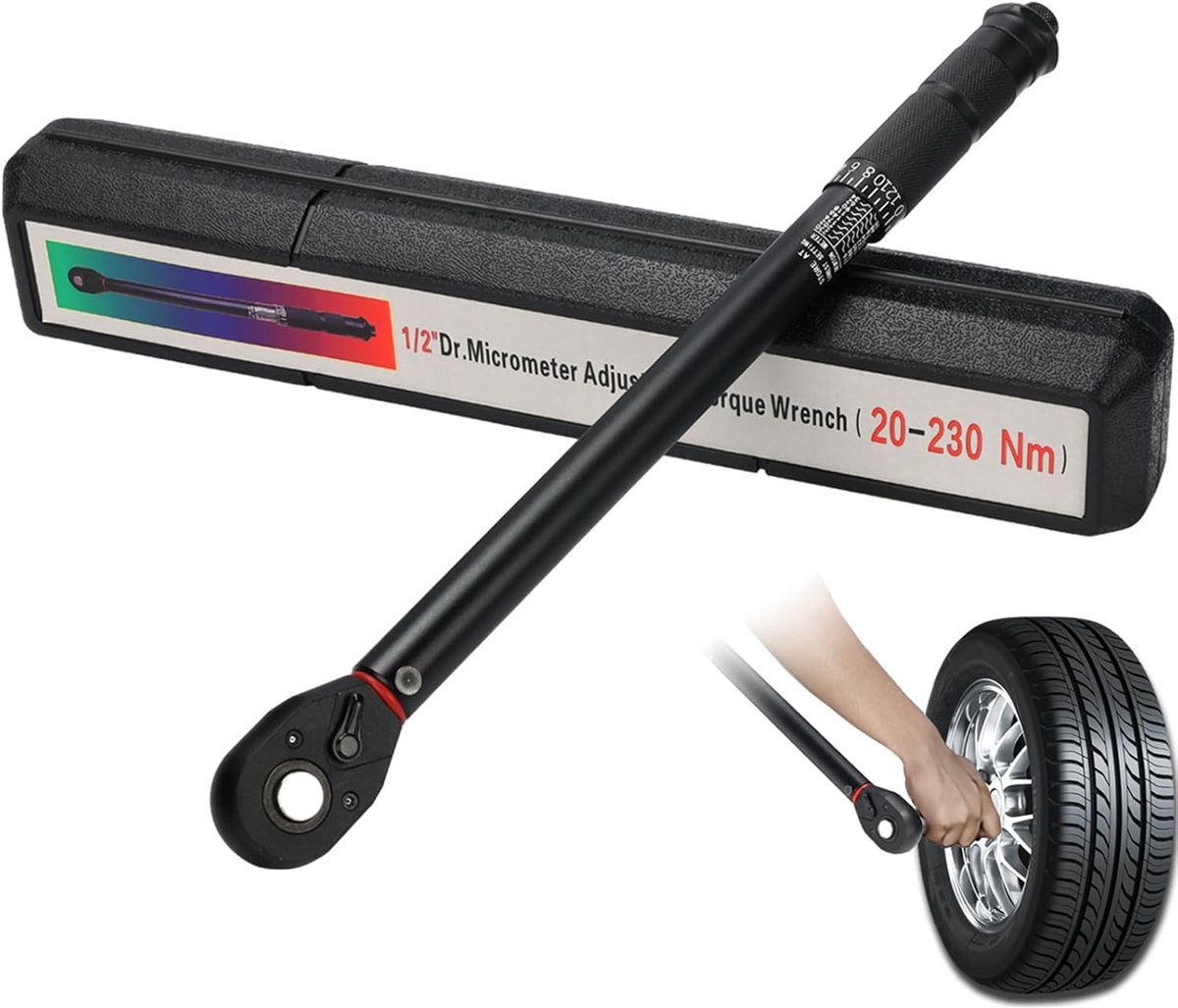 Homtas 1/2" Professionele Momentsleutel 20 - 230 Nm - omschakelbaar - met bewaarcasette - Geschikt voor auto's en fietsen