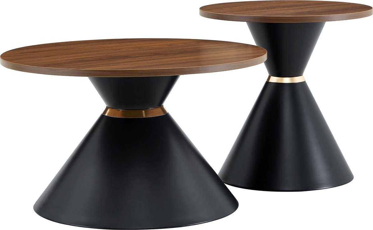 Ropilly Ronde Salontafel Set van 2 - Walnoot Look en Zwart Metaal - Ruimtebesparend - Woonkamer Notenhout + zwart