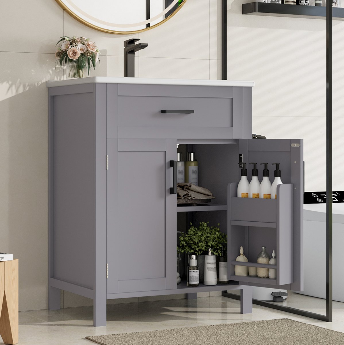 MEUNIQ Staand badkamermeubel 60 x 46 x 84,8 cm met keramische wastafel, 2 deuren, 1 lade en verstelbare legplank voor badkamer, grijs