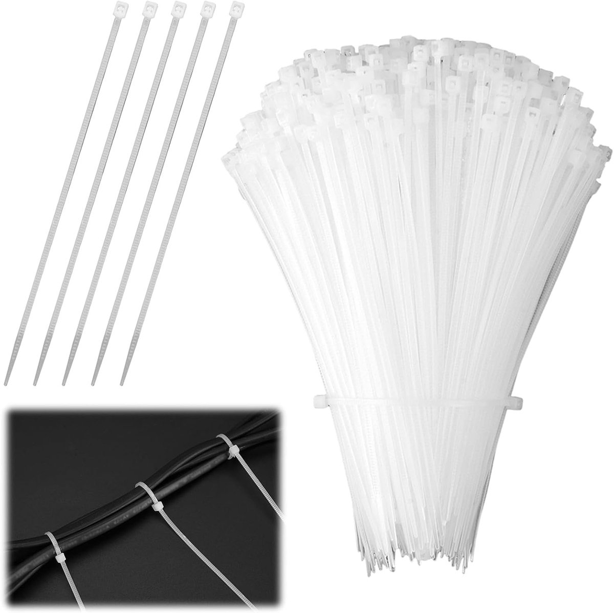 1000 Stuks Witte Kabelbinders 120 x 2mm, UV-bestendig en Temperatuurbestendig, Ideaal voor Kabelbeheer, Tuinieren en Werkplaatsen