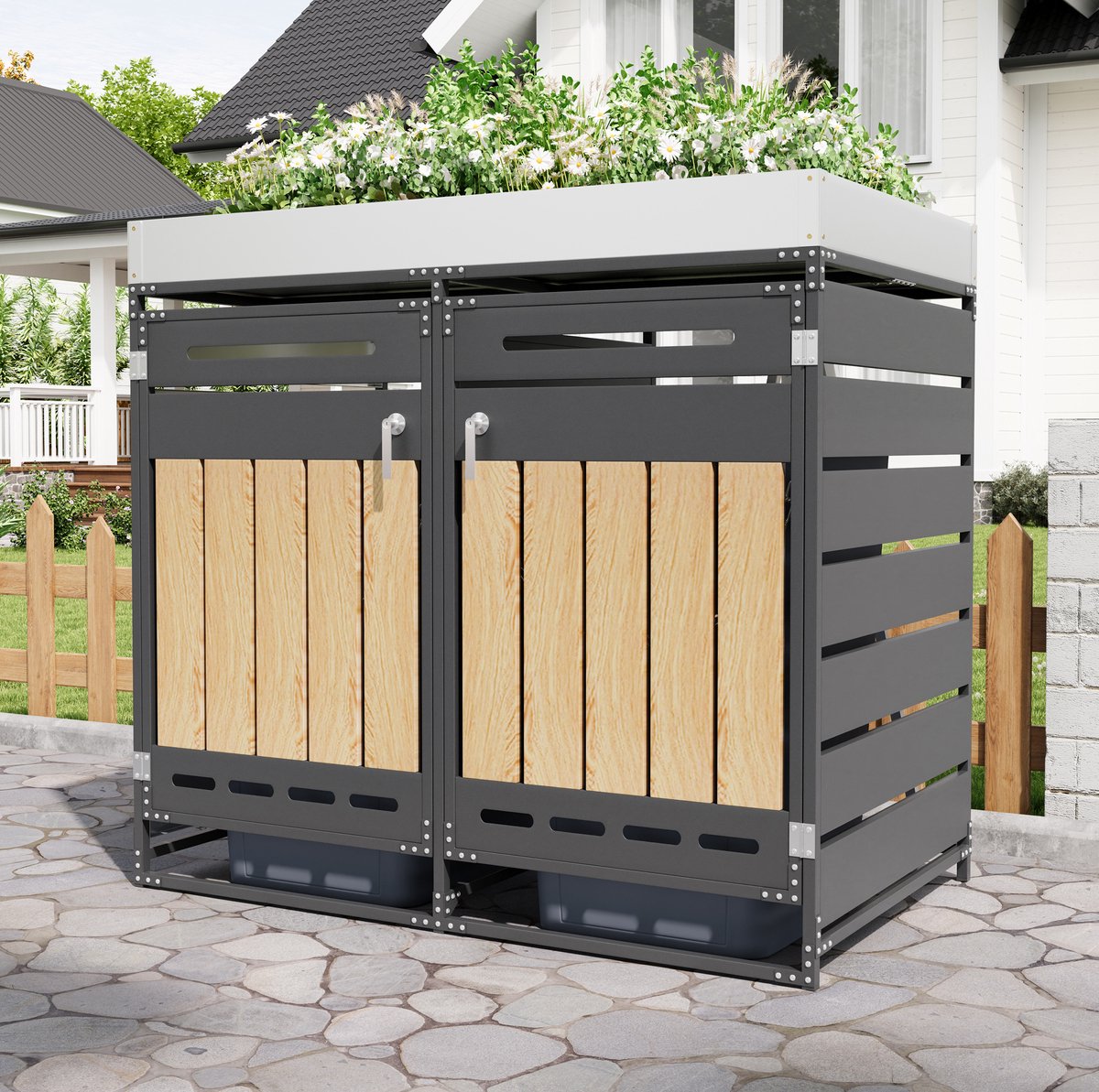 DESMIU Afvalbakkenkast – 137 Bij 79 Bij 125 cm – Met Plantenbak En Ventilatiesleuven – Metaal – Zwart – Voor Twee Containers Buiten