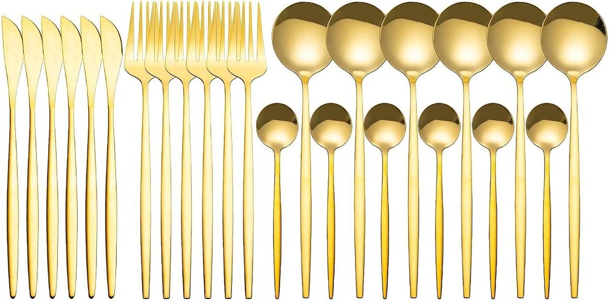 Gouden bestekset - 24-delig - Roestvrij Staal - Voor 6 Personen - Gepolijst en Vaatwasmachinebestendig