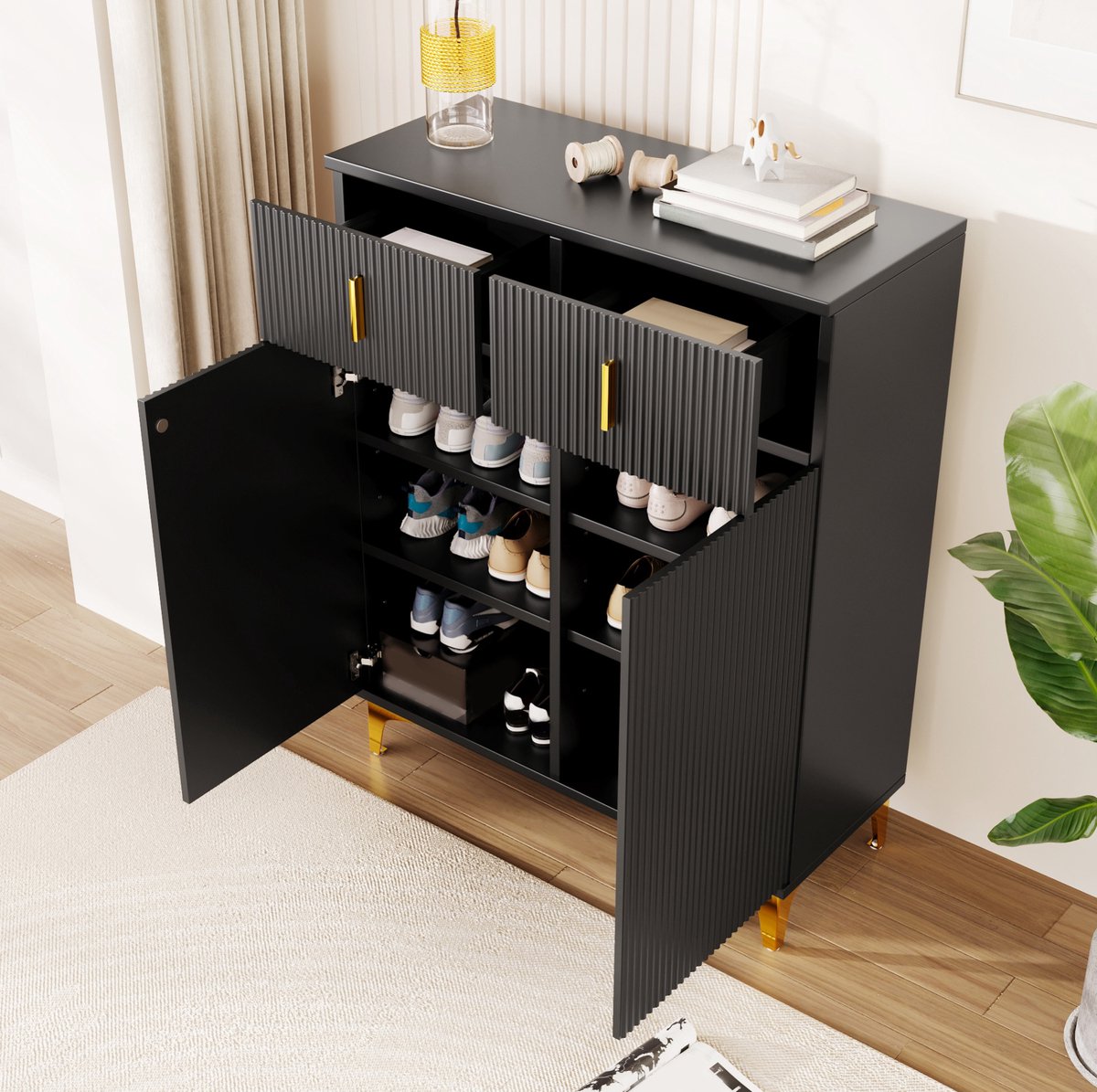 MEUNIQ Staande schoenenkast met 2 deuren, 2 lades en verstelbare legplanken – 83 x 35 x 101 cm – zwart met goudkleurige details voor hal of woonkamer