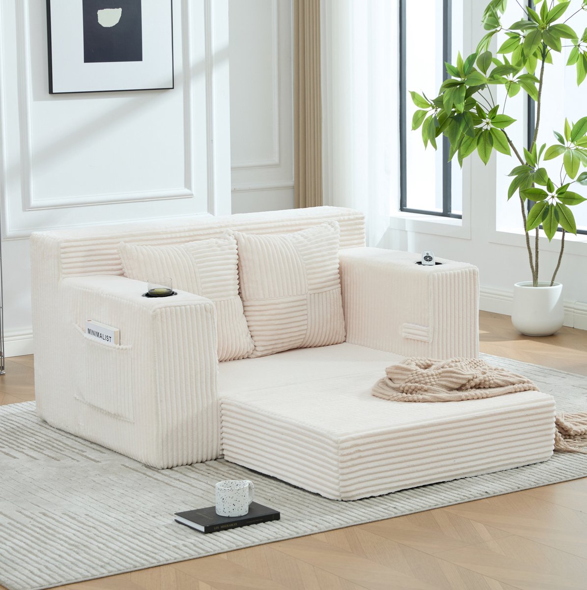 MODENUIT Slaapbank 151 x 133 cm - 2-zits Met Bekerhouder En Zijvakken - Woonkamer - Corduroy Beige