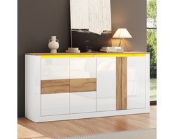 REDOM - Dressoir - 4 deuren - RGB LED verlichting met app en spraakbediening - Verstelbare planken - Modern design - Woonkamer en eetkamer - MDF - Wit + naturel - 140 x 35 x 70 cm