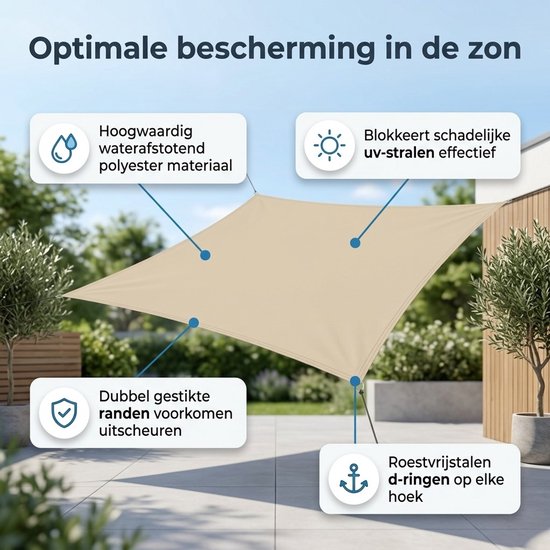 Beige vierkant schaduwdoek van waterafstotend polyester, met dubbel gestikte randen en roestvrijstalen d-ringen.