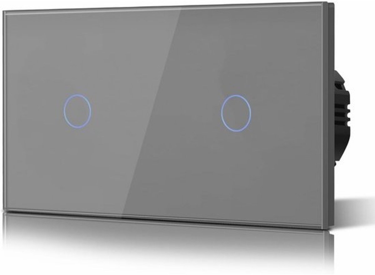 Dubbele touch lichtschakelaar 1-voudig voor wandmontage, LED-achtergrondverlichting, gehard glas, geen neutrale geleider, grijs
