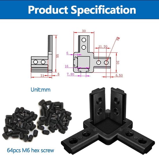 3-weg hoekverbinder voor 40x40 aluminium extrusieprofiel, zilver, Europese standaard, set van 4 met schroeven (zwart, 8 stuks) — afbeelding 5