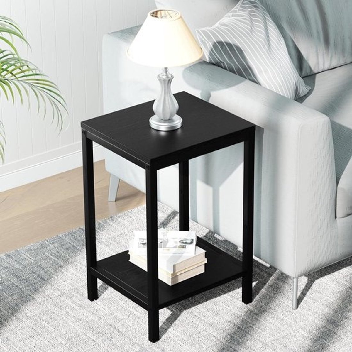 Kleine Bijzettafel - Nachtkastje Eindtafel - Woonkamer Organisatie - Met Opbergplank - 34 x 30 x 50 cm - Zwart