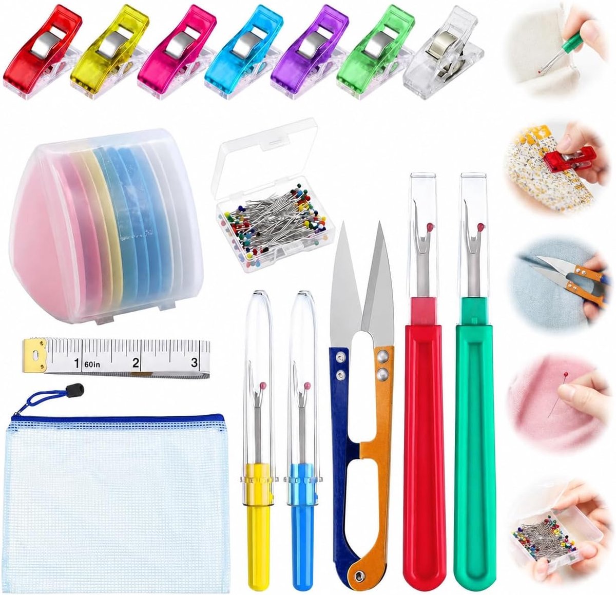 74-delige Naaimachine Openers Set, Professionele Naaigereedschap Kit met Scheurmes, Naaigerei, Stoffen Schaar, Kleurkrijt, Meetlint en Opbergzak voor Quilt, Kleding, DIY en Ambachtelijke Pro