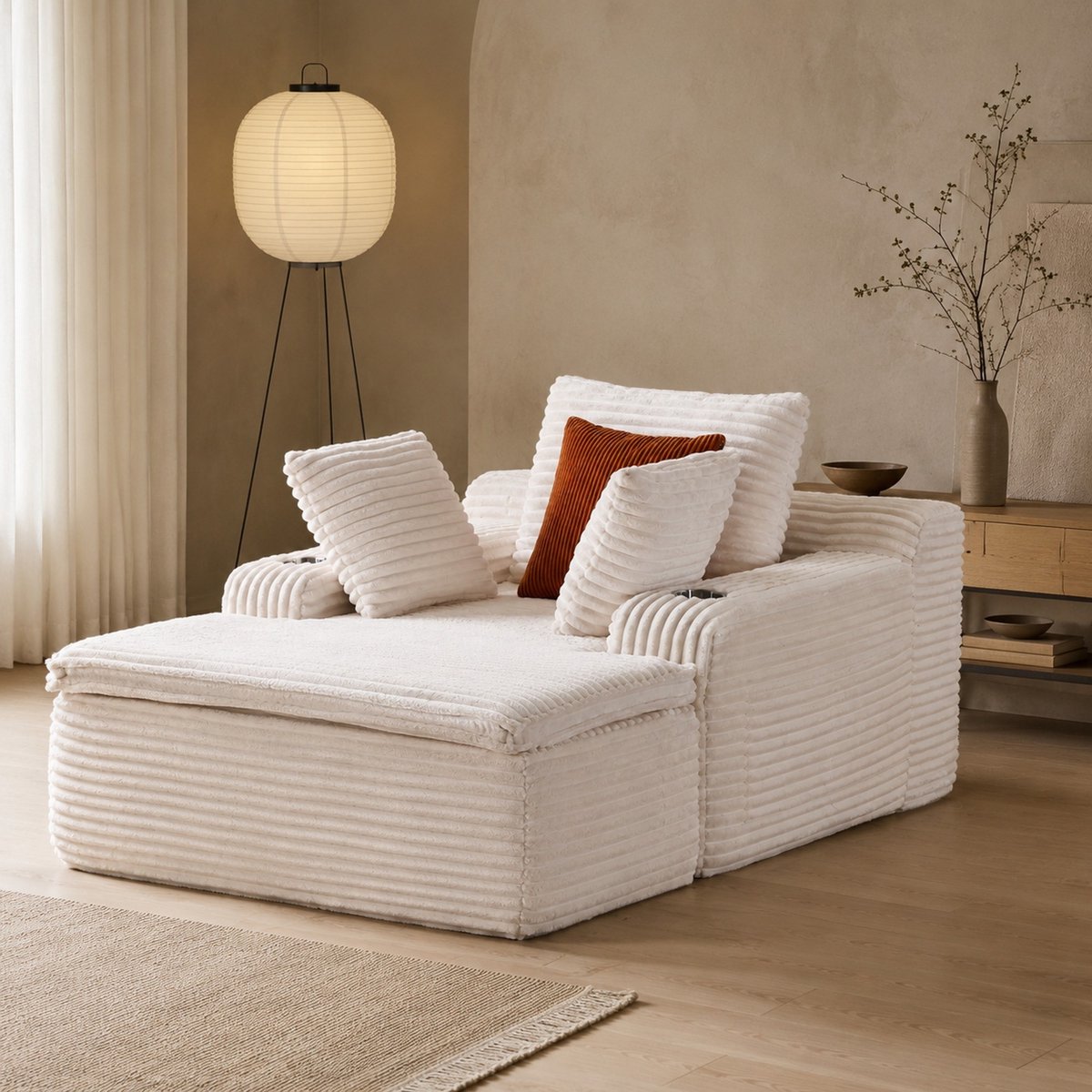 MODENUIT Slaapbank - 1-zits - Zonder montage met kussens en plaid - Woonkamer en leeshoek - Ribstof Beige