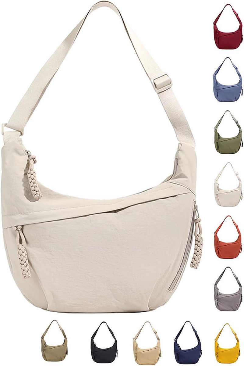 Hobo tas dames - Wit - M - Nylon halve maan crossbody schoudertas met verstelbare riem