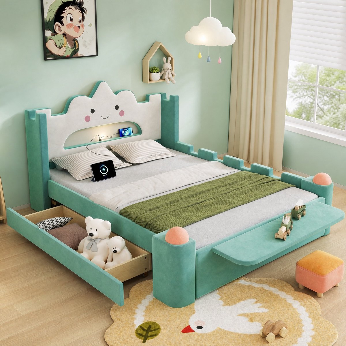 MODENUIT Kinderbed – 140 x 200 Cm – Ledleeslamp En Usb-Aansluiting – Fluweel – Blauwgroen – Bedlade