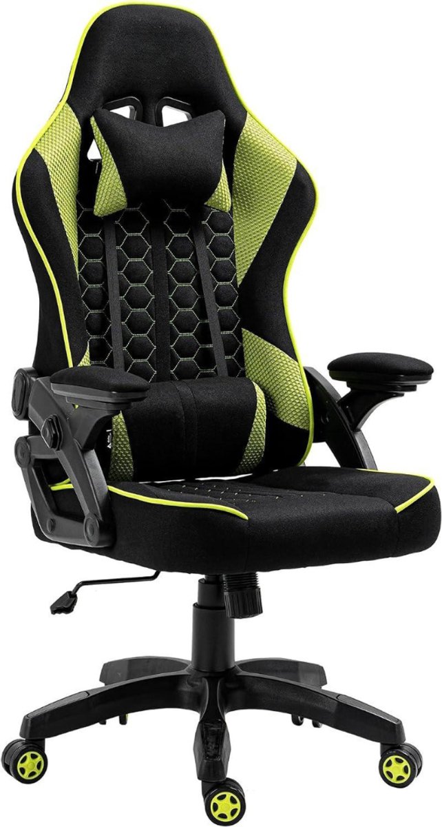 Kavo Gamingstoel - 130 kg - Ergonomische gamingstoel van stof - Gamingstoel met lendenkussen - Zwart/Groen - 52cm x 59cm x 126cm