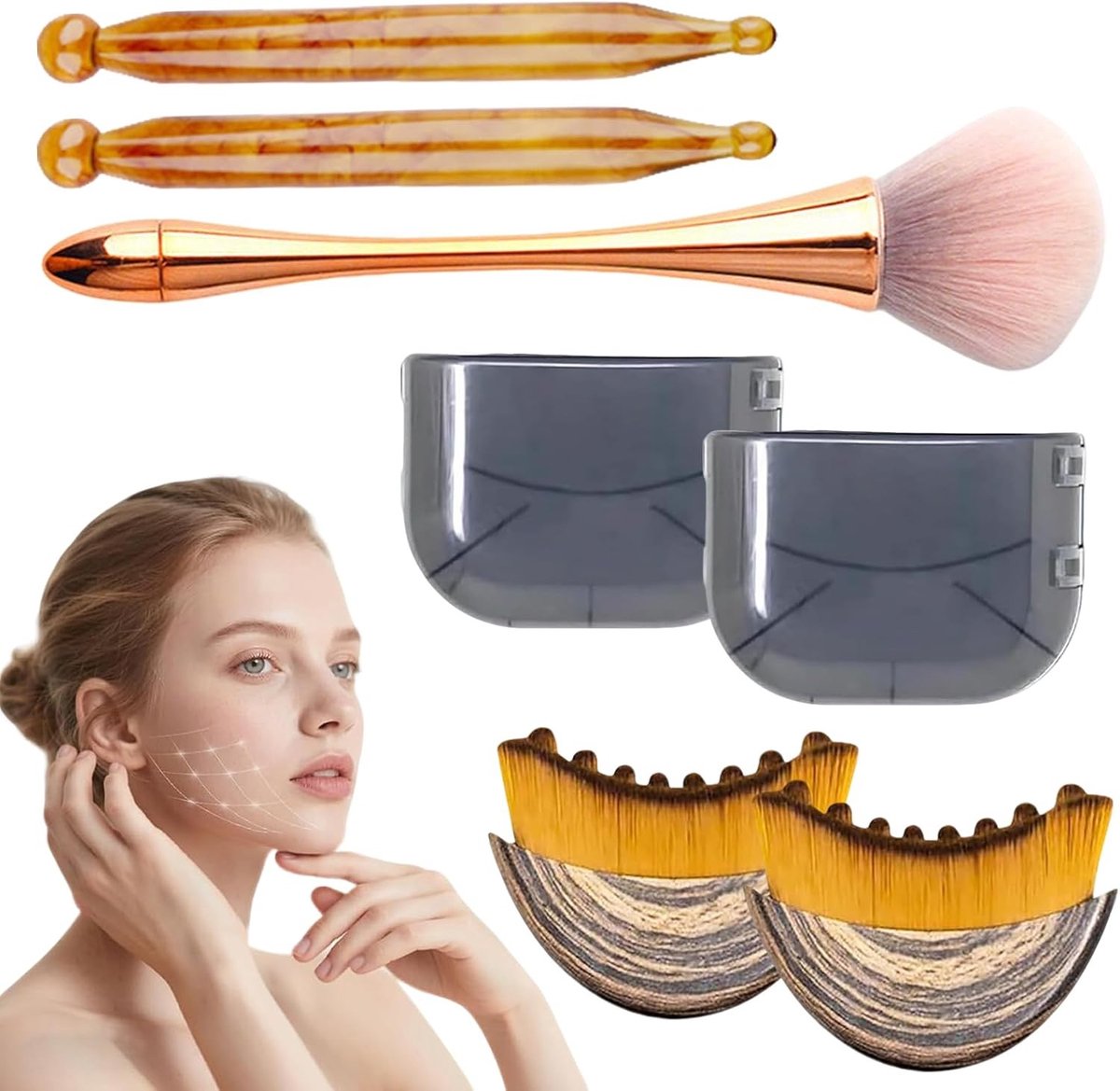 Set van 5 lymphatische borstels voor gezichtsbehandeling, inclusief 2 Amber Gua Sha-sticks en 1 rosegouden massageborstel voor ontspanning en drainage van het gezicht