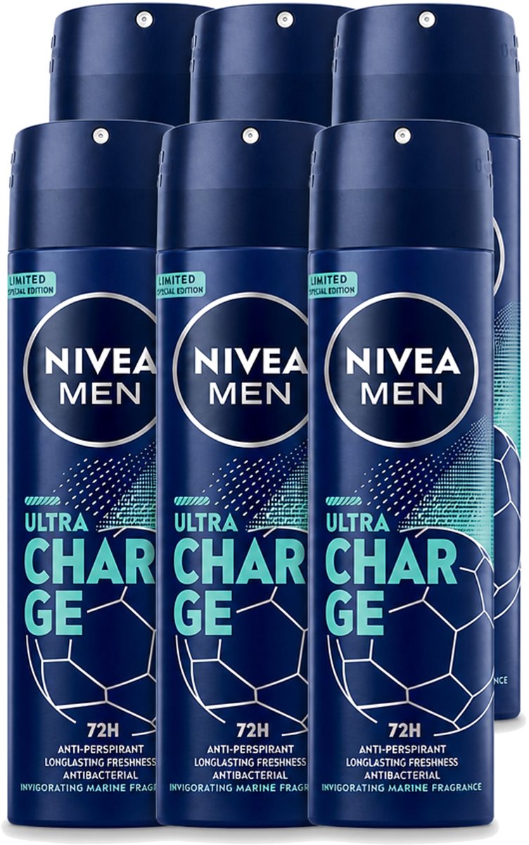 6 x Nivea - Men - Deodorant - Spray - Ultra Charge - 150 ml - Voordeelverpakking - 6 stuks