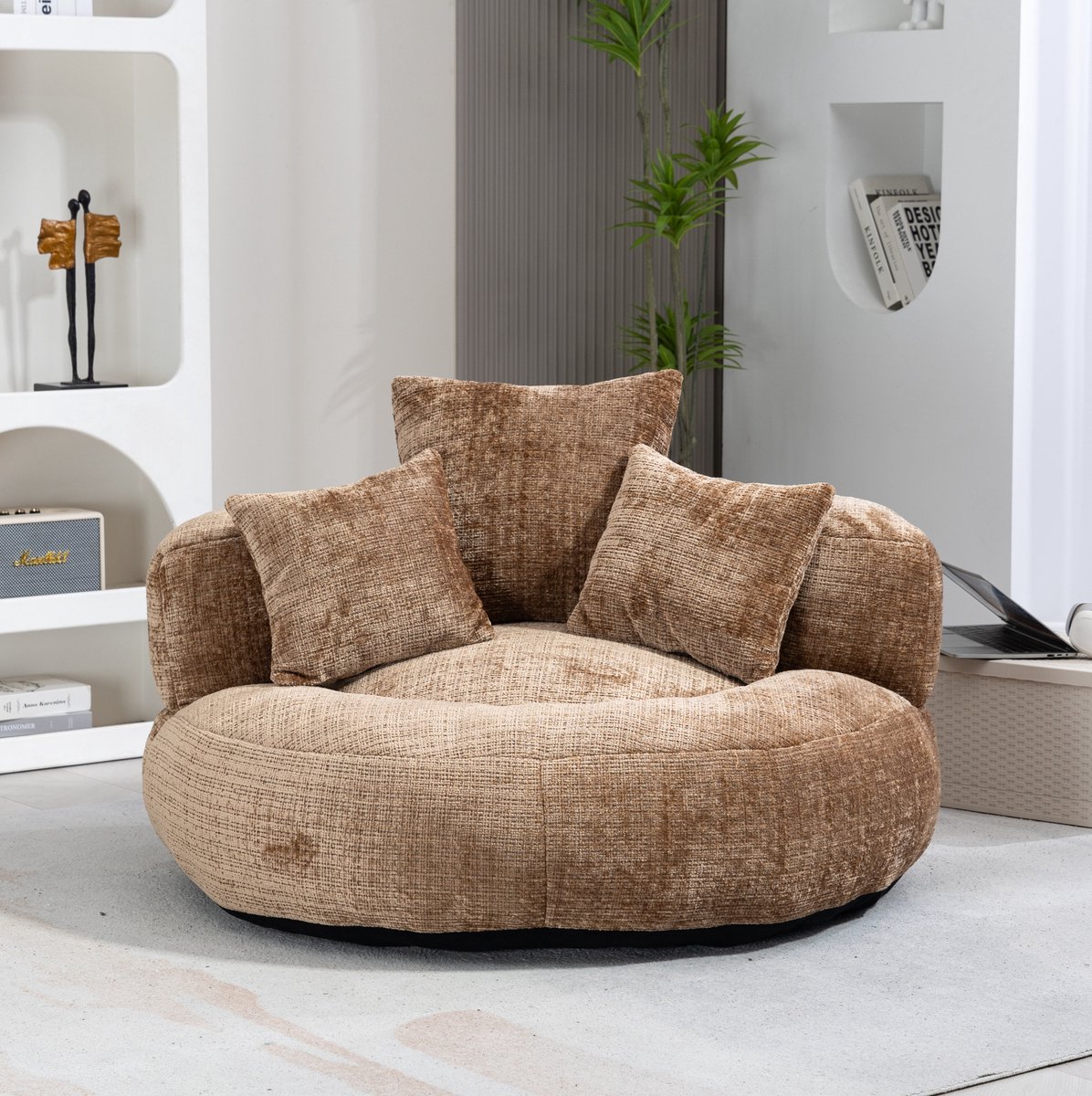 MEUNIQ Zitzak loungestoel 108 x 108 cm met hoge rugleuning, armleuningen en 3 kussens voor woonkamer, slaapkamer en speelruimte, koffiebruin