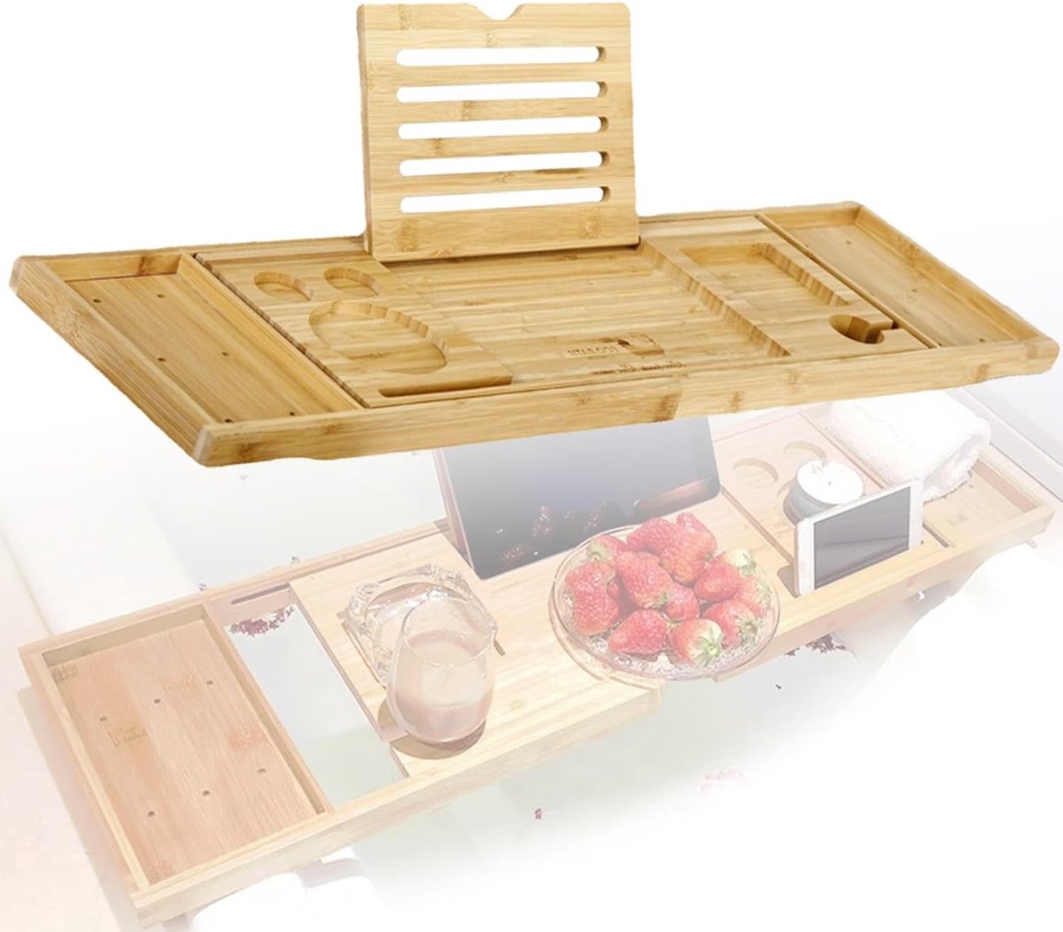 Verstelbaar Bamboe Badmeubel, 102 x 22 cm, met Kaars, Wijnglas, Boek en Telefoonhouder - Luxe Badaccessoires voor Ontspanning en Wellness