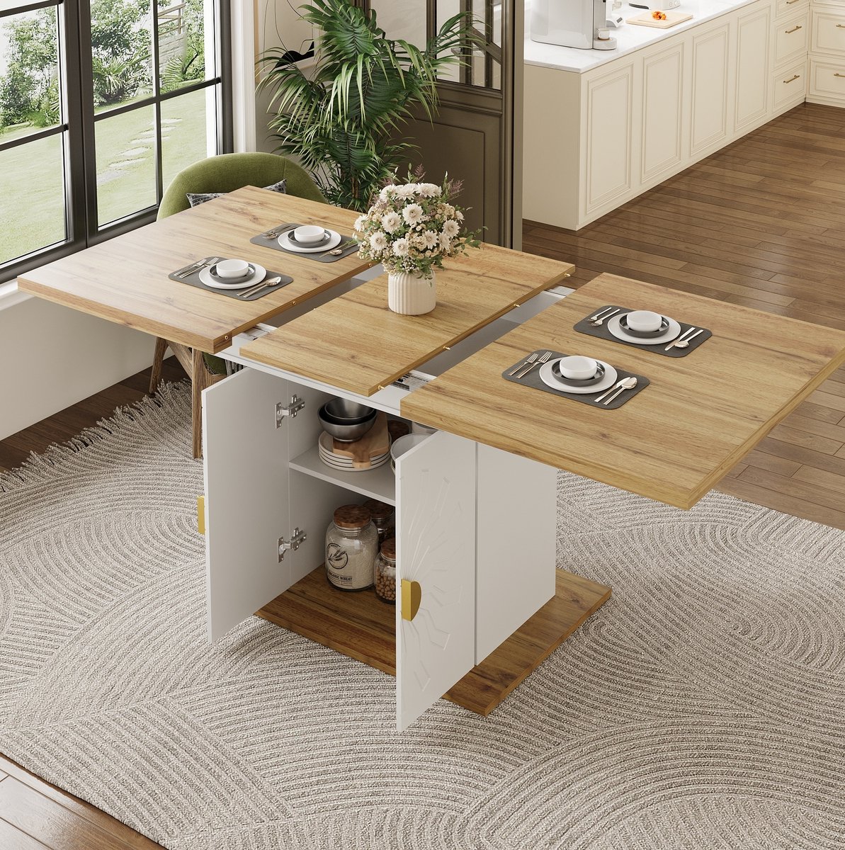 MODFU Eettafel - Uitschuifbaar Met Opbergruimte - MDF - Wit - 110-140 x 70 x 76,5 cm
