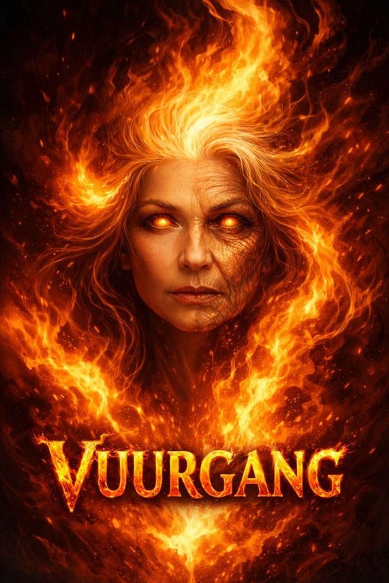 Een vrouwengezicht met vlammend haar en gloeiende ogen, tekst "Vuurgang" onderaan.
