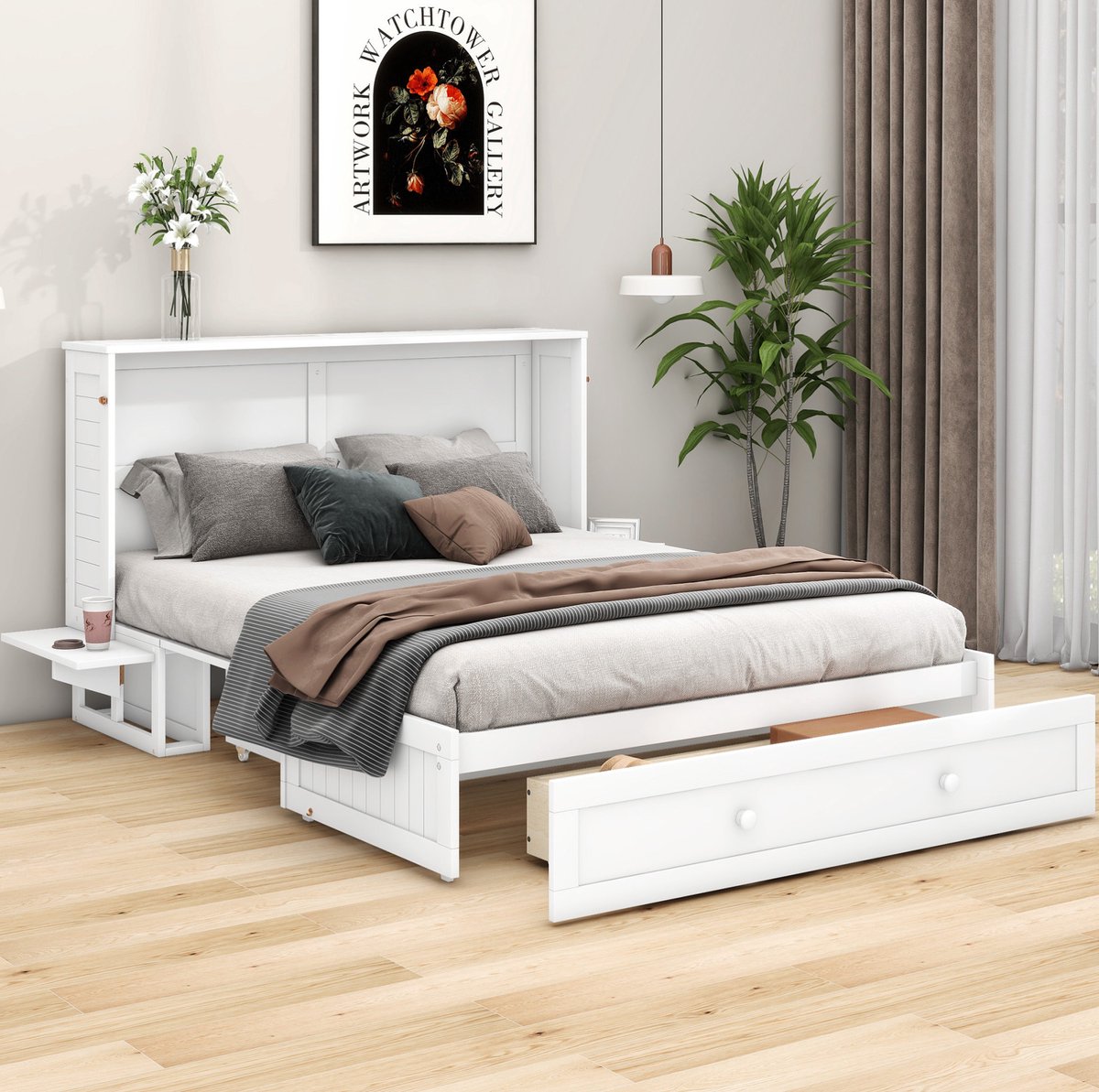 MEUNIQ Opklapbed 140 x 200 cm met bedlade en zijplanken, transformeerbaar tweepersoons bedframe voor slaapkamer, wit, hout en MDF