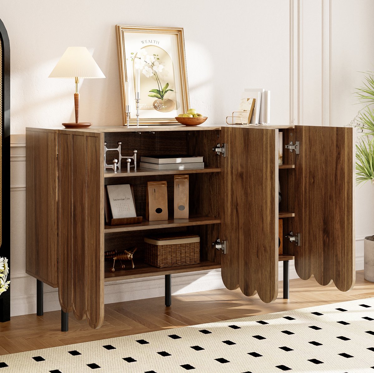 MEUNIQ Dressoir 120 x 35 x 80 cm met golvende greeploze deuren, verstelbare planken en zwarte stalen poten voor woonkamer, eetkamer of hal – Walnoot Walnootkleur