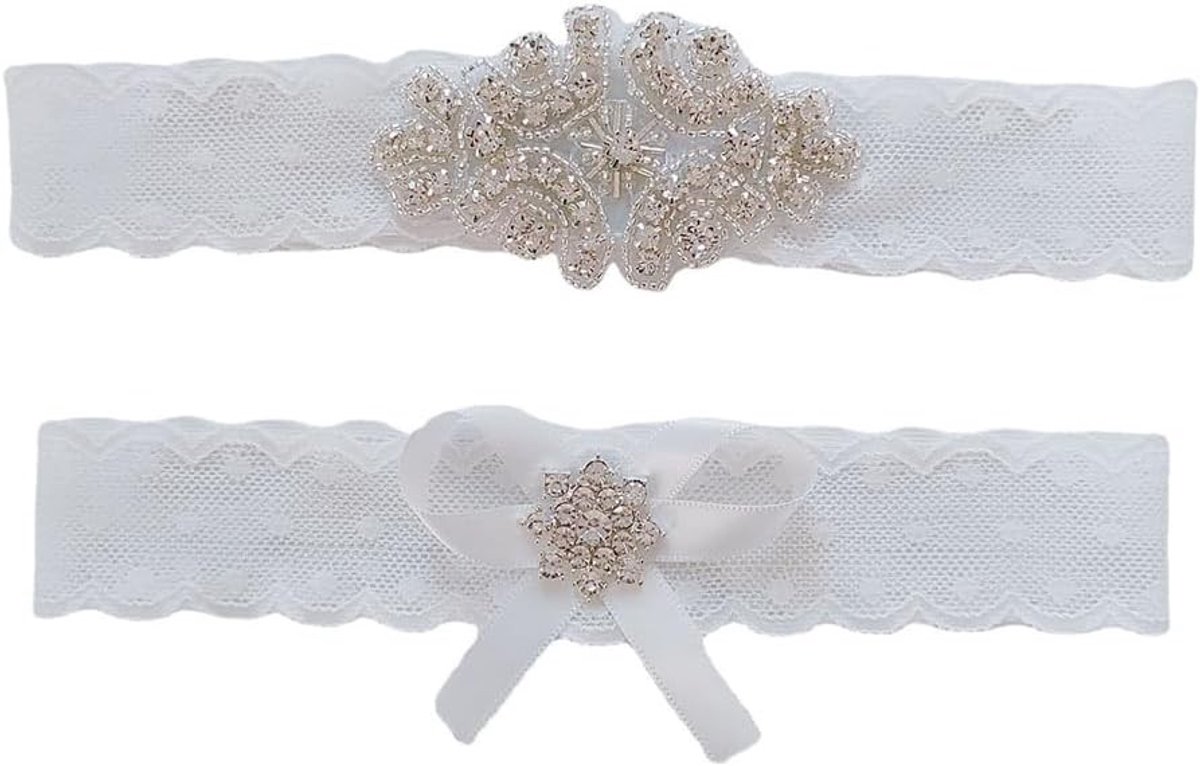 Elegante Bruidsbanden Set van 2 - Kanten Garter met Satijnen Lint en Strass voor Trouwen, Bruidsaccessoires en Thigh Ring
