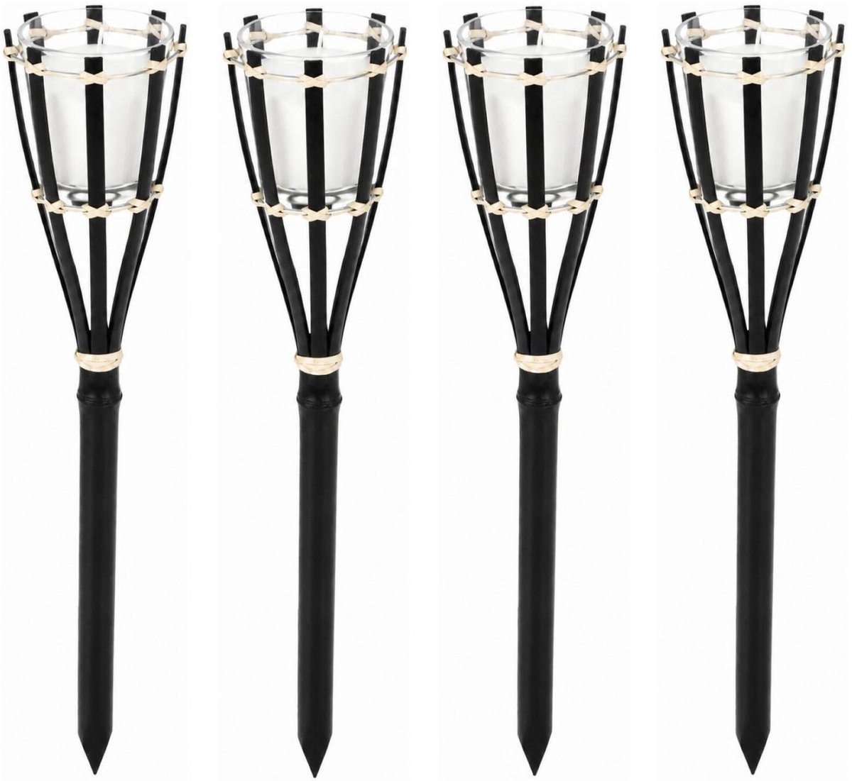 Pro Garden Tuinfakkel met kaars - 4x - bamboe - zwart - 30 cm - citronella - fakkels