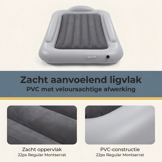 Kinderluchtbed - Opblaasbaar Kinderbed - Kids Travel Luchtbed - Opvouwbaar Reisbed - PVC Slaapmat voor Kinderen - Inclusief Pomp - Grijs - 160 x 100 x 30 cm — afbeelding 3