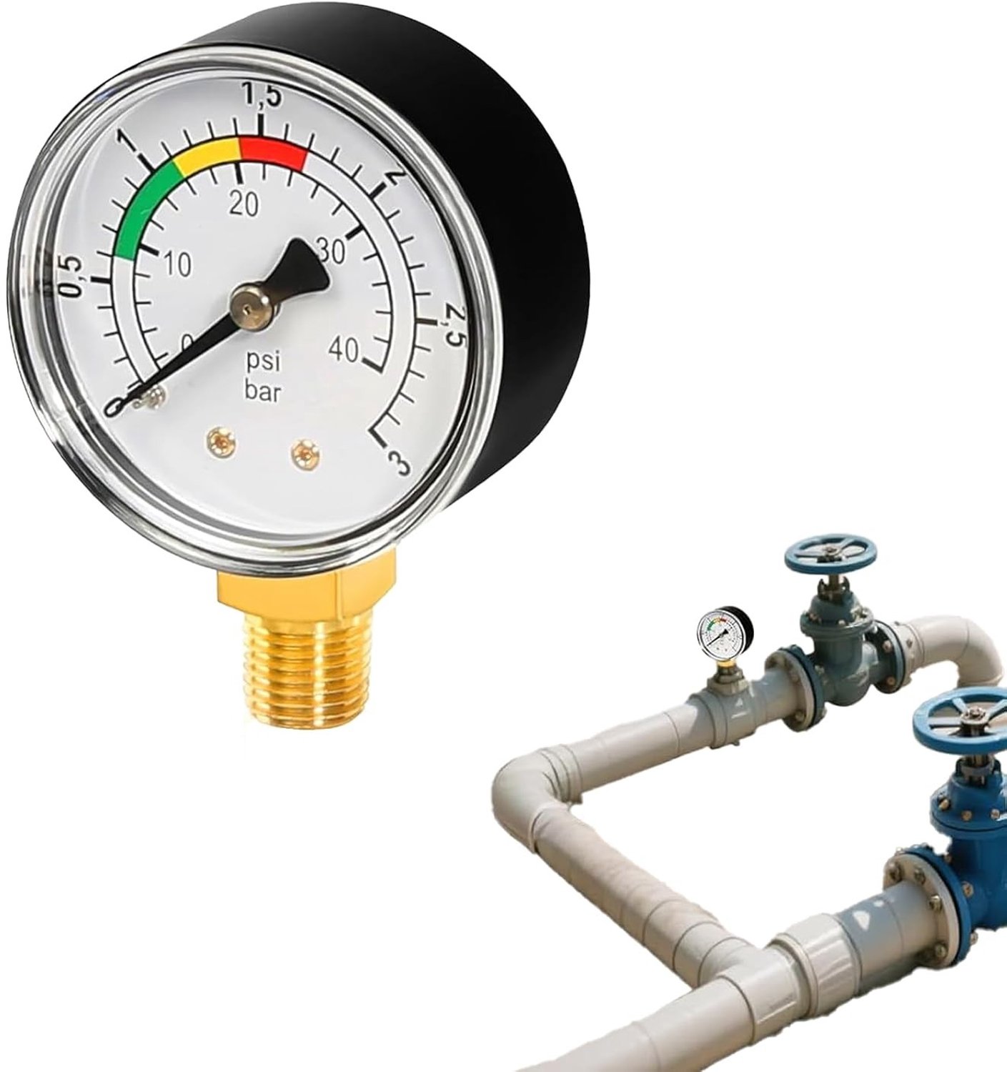 Nauwkeurige drukmeter voor zwembaden en vijvers, 1/4 inch aansluiting, waterdruk 0-3 bar, ideaal voor filtermonitoring en onderhoud