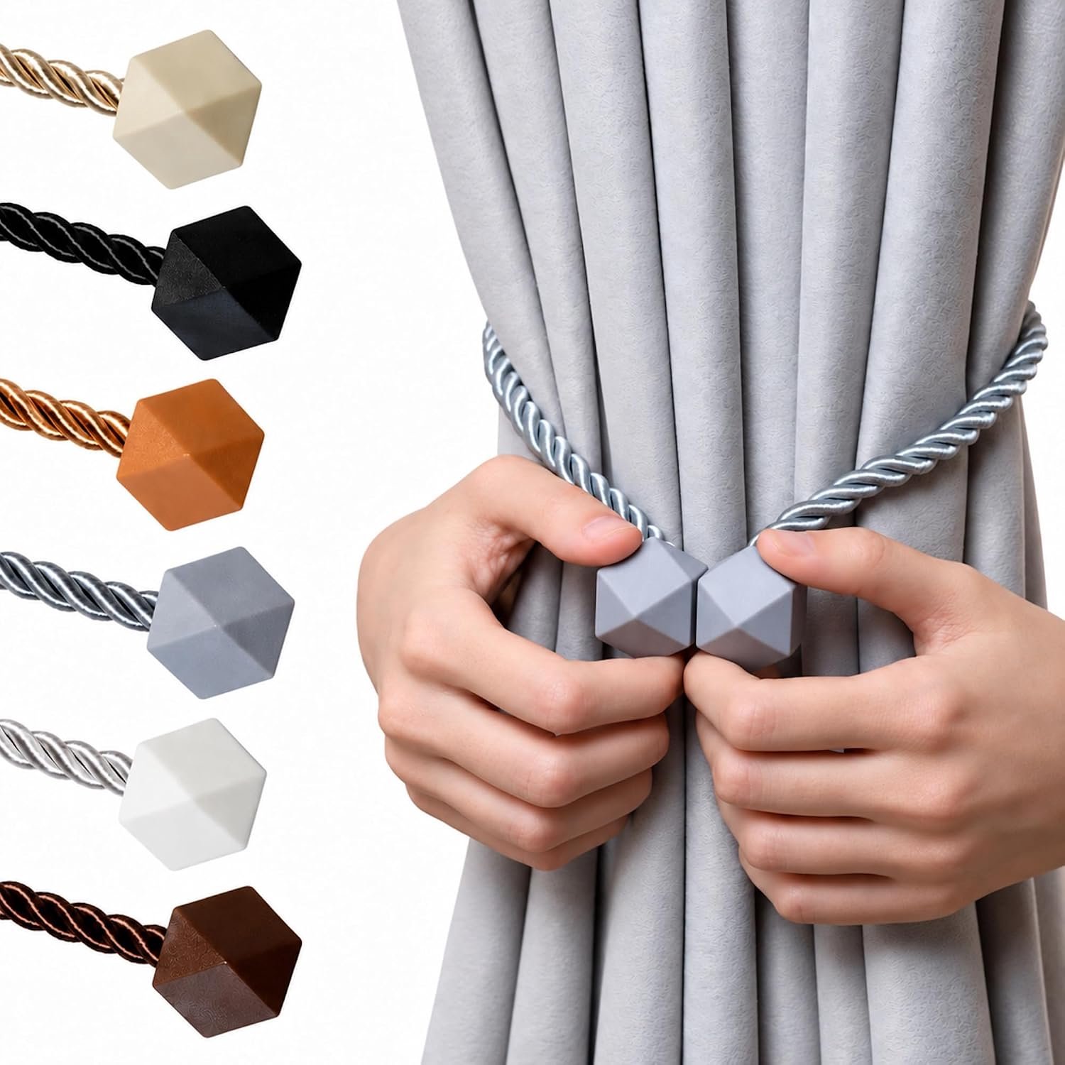 Magnetische gordijnhouders (set van 2) — Kubusvormige magneetsluiting — Magnetische gordijnclip — Minimalistische gordijnhouder – Grijs