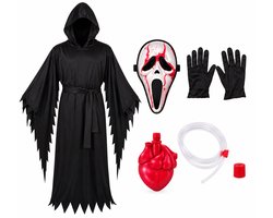 FUNWORLD 5-Delig Tuniek/Strikceintuur/Handschoenen/Bloedend Ghost Face Masker met slang & hartvormige handpomp met 59,14 ml nepbloed Bleeding Ghost Face Costume Official Licence Halloween Kostuum Heren Verkleedkleren Volwassenen - One Size