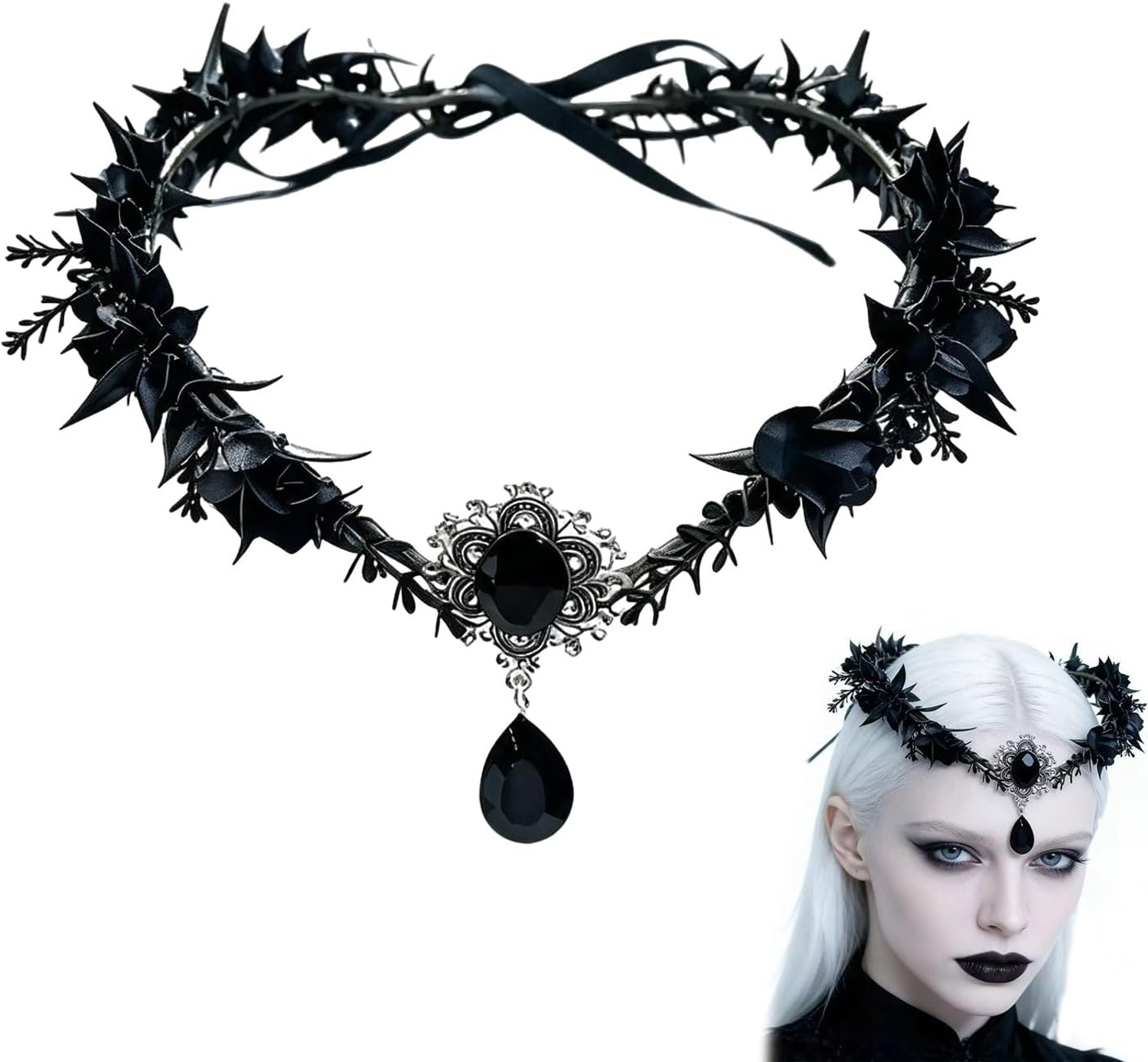 Gothic Halloween dames, zwarte haarband met doornen en zwarte kristallen hanger, elfenkroon bos middeleeuwse tiara voor heks cosplay party