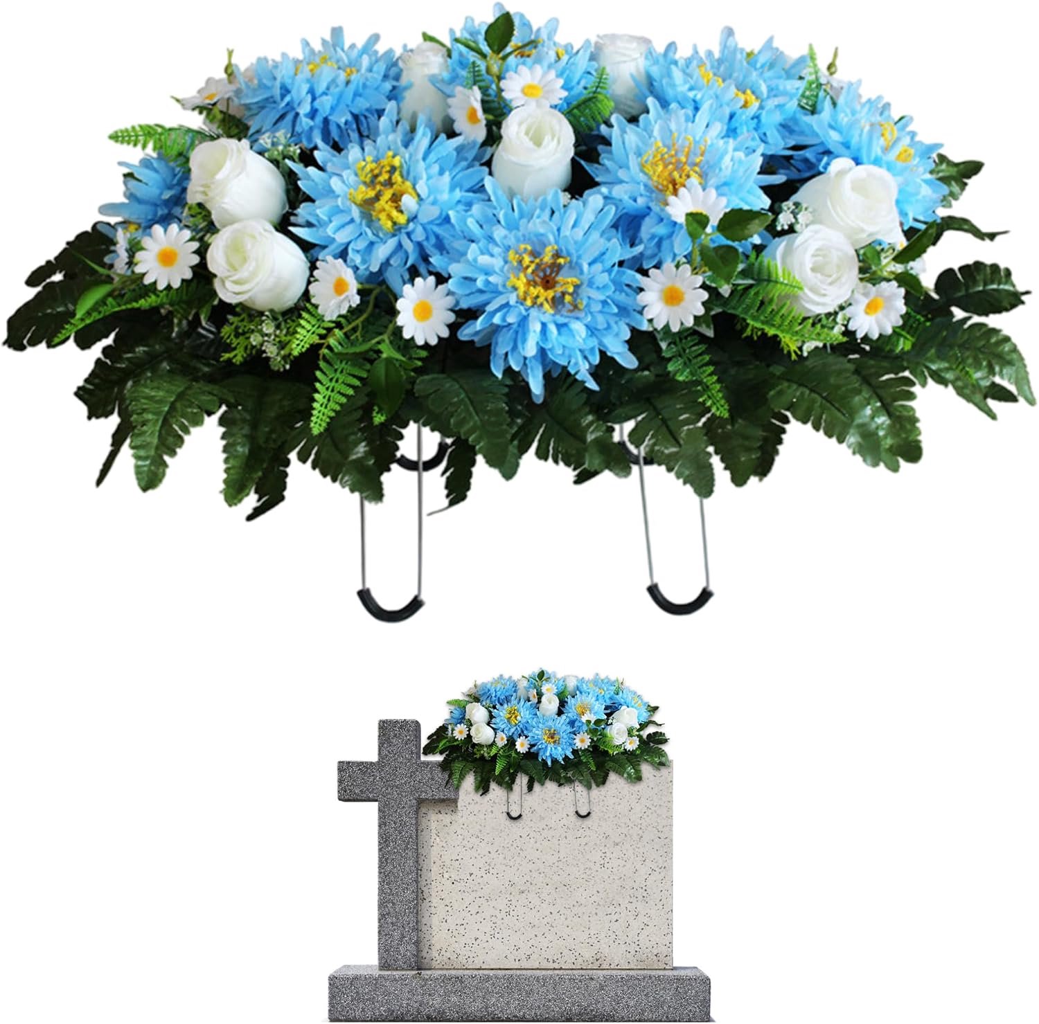 Bloem zadel, kunstmatige begraafplaats bloemen voor graf, realistische blauwe chrysant grafsteen decoraties