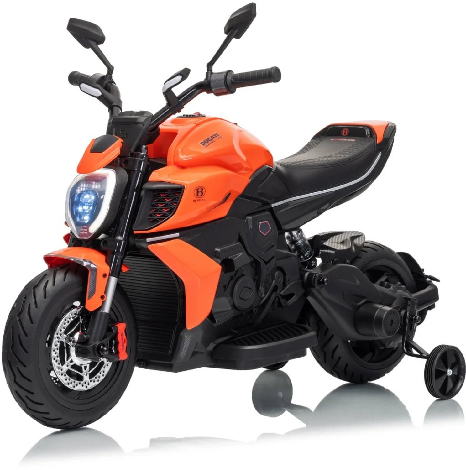 Ducati x Bentley Diavel V4 12V Elektrische Kindermotor 3 tot 6 jaar - Gelicentieerde Limited Edition met Vernieuwde Li-ion Accu - Luxe Motorfiets met EVA-Wielen, Zijwieltjes & Bluetooth - Oranje
