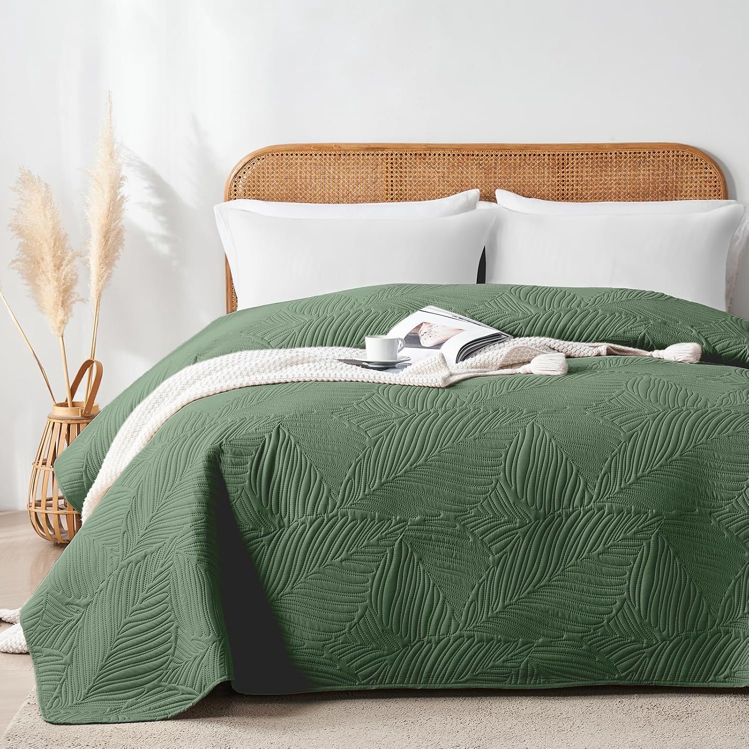 Sprei 170x210 cm,Ultrasone Sprei Groen,Licht,Zacht en Makkelijk Schoon te Maken,Dubbelzijdig,Bedbedekking met Bladerenpatroon,Ideaal voor Alle Seizoenen,Voor Bed en Bank