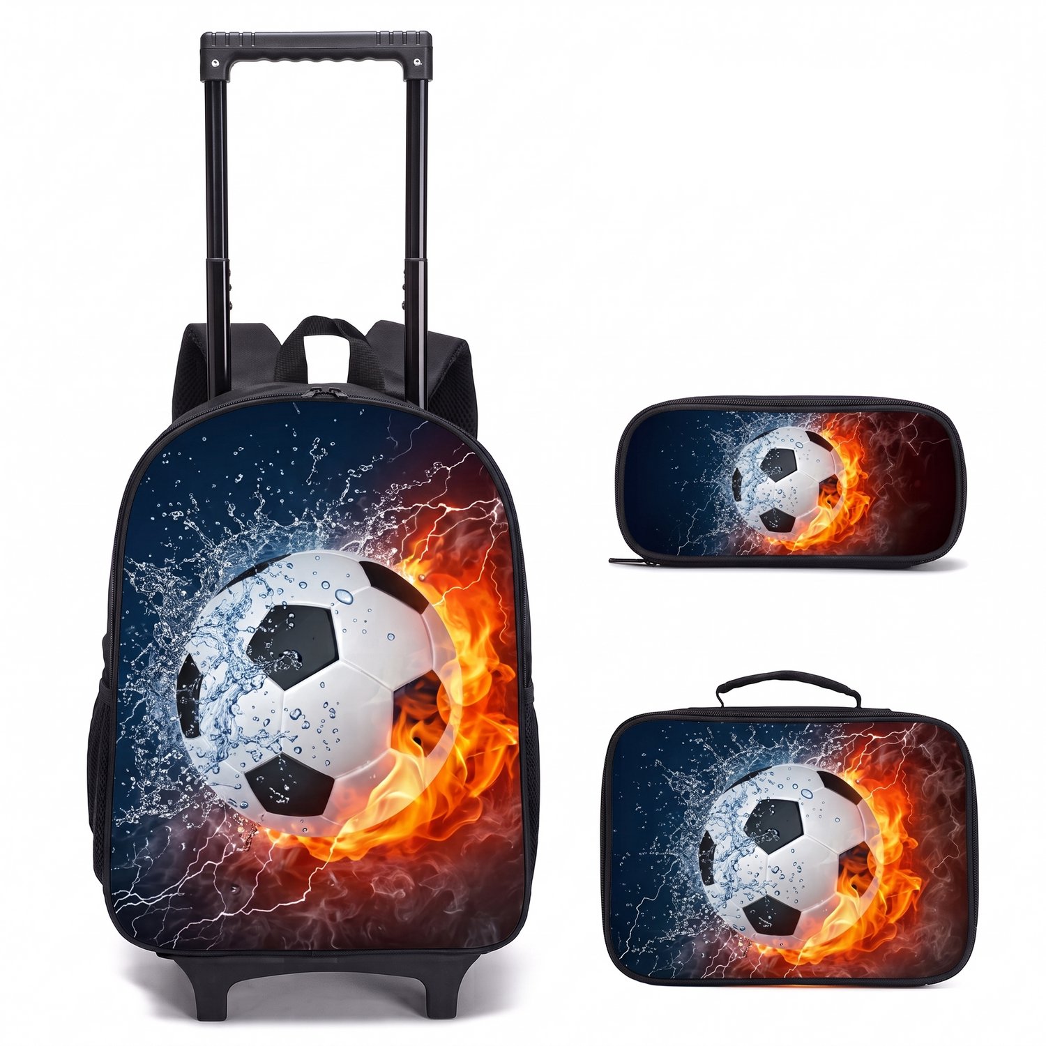 Voetbal Rugzak met Wieltjes | Zachte Trolley Koffer | Schooltas Jongens | Voetbal Schooltas | 3-Delige Schooltassenset | Rugzak met Etui en Lunchtas | Kinder Rugzak | Zachte Koffer | Sporttas | Voetbal Cadeau